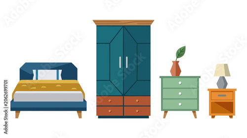 Obraz na płótnie Modern bedroom interior furniture set with wardrobe bed and dresser