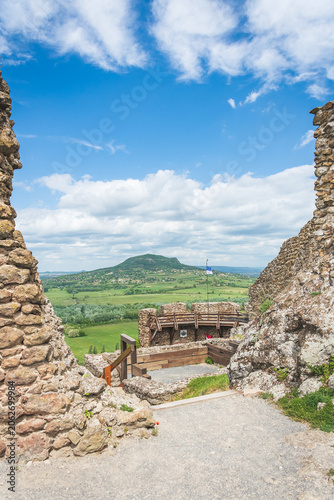 Hungary, Szigliget view from the ruins of Szigligeti var castle, landscape on a summer day from the top of the mountain.