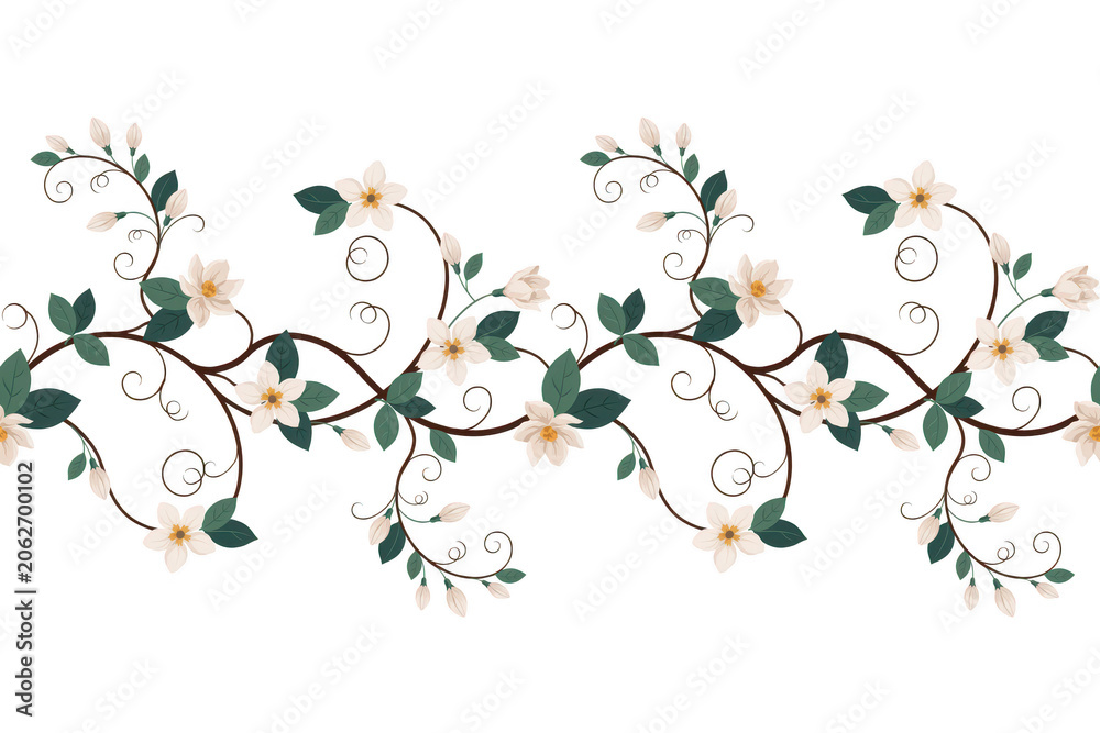 Fototapeta premium Seamless floral border pattern with white blossoms, green leaves, and brown curling vines on a transparent background, for use