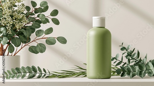 Minimalist green bottle of organic skincare product with natural eucalyptus leaves and soft light