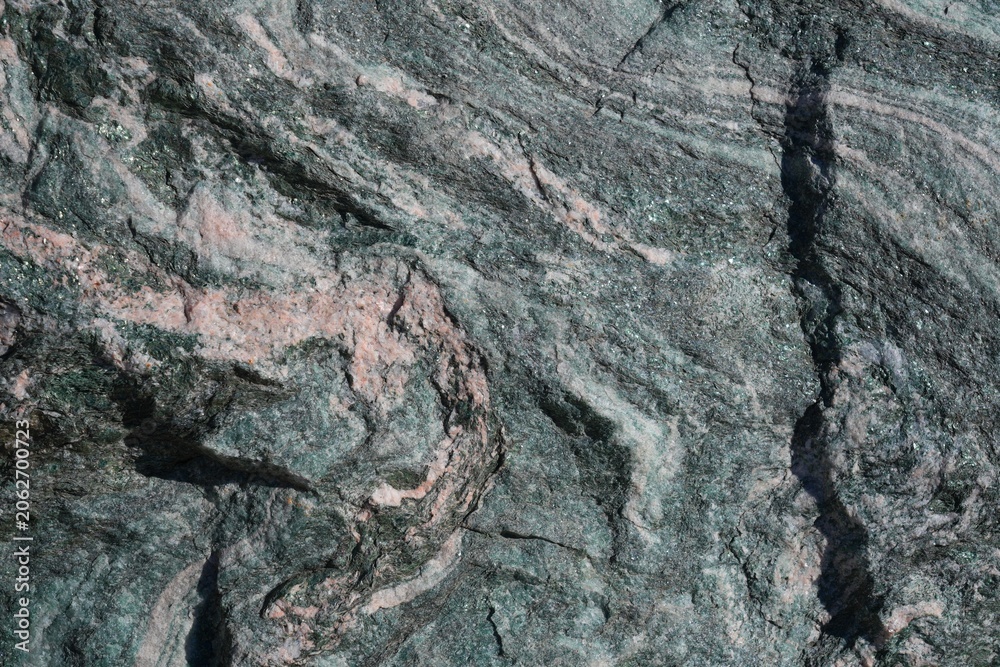 Naklejka premium Quartzitic schist metamorphic rock from Norway. Rock with quartz and mica layers. The greenish color comes from chromium in mica.