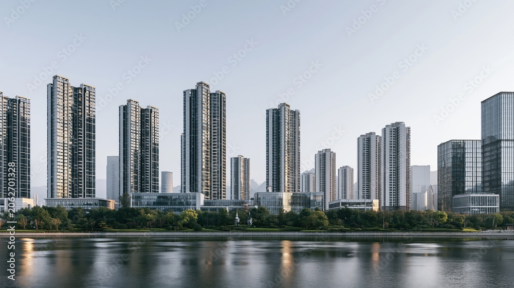 Obraz premium Modern City Skyline with Tall Residential Buildings Reflected in Calm Water at Dawn