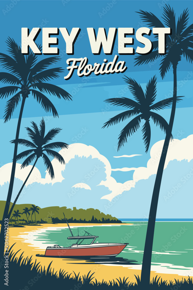 Fototapeta premium Key West Florida beach retro poster featuring palm trees, sailboat, coastal surf, and ocean views in vintage vector style for travel promotion and wall art.