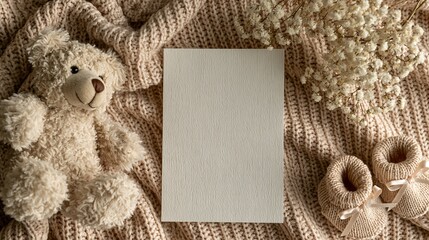Cozy Flat Lay Scene Featuring a Teddy Bear, Baby Boots, and Flowers with a Blank Card for Text