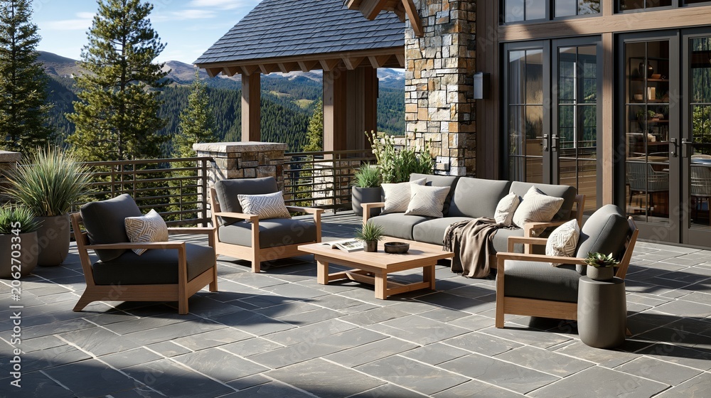 Fototapeta premium Luxury Outdoor Living: Modern Teak and Upholstered Furniture Set on a Stone Patio with Mountain Views