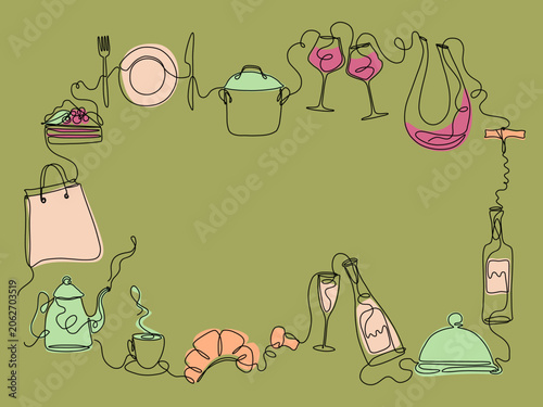 Line art drawing place mat design. Colorful vector illustration brochure covering for dinner party. Menu template for restaurant and cafe. Food theme hand drawn background.
