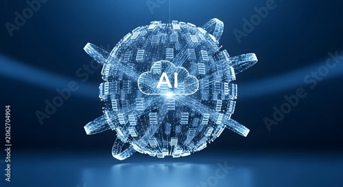 Artificial Intelligence cloud computing concept, digital AI neural network sphere, global data server farm infrastructure on blue background