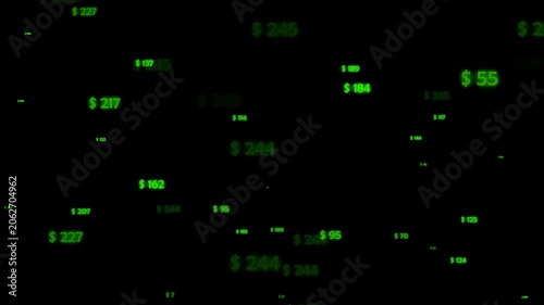 Green dollar values are rising on black background, for financial growth, stock market profit, money figures, wealth creation, and investment gains