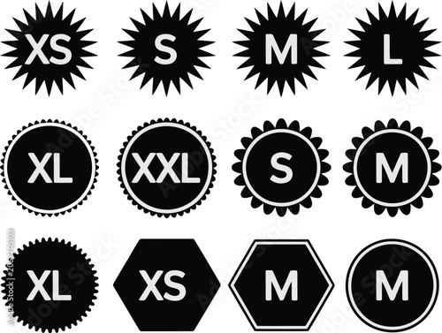 Принти на полотні Garment size badge set, clothing labels featuring XS S M L XL and XXL symbols fo