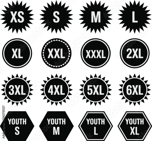 Εκτύπωση καμβά Clothing size label icon set, XS S M L XL and XXL badges for apparel retail stor