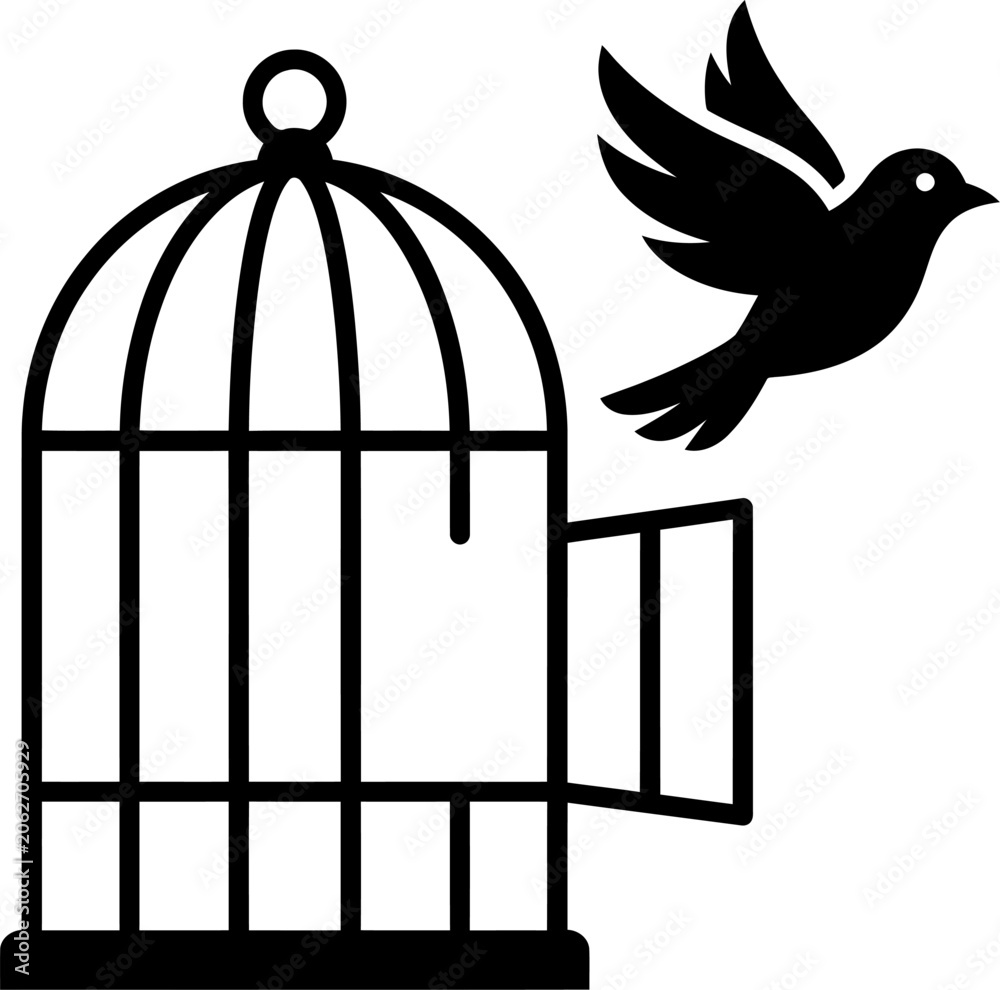 Fototapeta premium Bird flying from open cage line icon