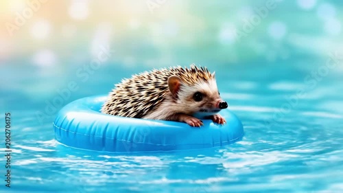 Adorable hedgehog floating in blue inflatable ring on sparkling water with bokeh lights. Cute animal enjoying summer vacation and holiday fun at the pool.