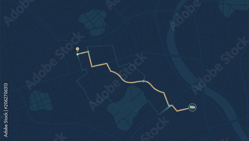Foto Dark navigation map showing delivery route to truck icon
