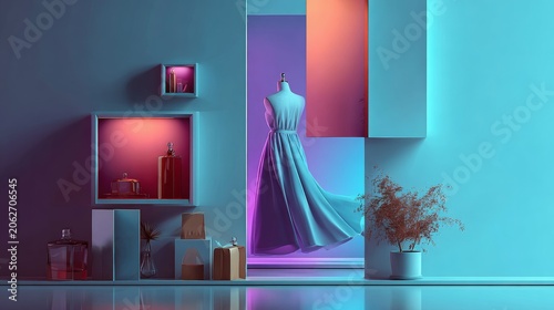 Fashion Display Window with Dress and Colorful Lighting
