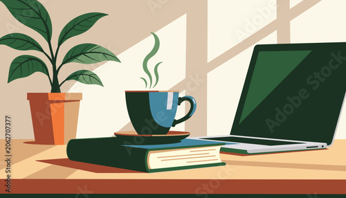 Cozy workspace with laptop, coffee cup, and books on wooden desk  