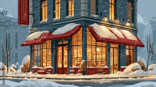 Elegant storefront during heavy snowstorm, showcasing cozy atmosphere and warm lighting in winter scene