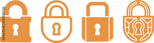 Fotografi A set of four orange padlock featuring diverse geometric shapes and intricate ke