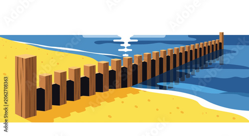 Bild auf Leinwand Wooden groyne on a sandy beach extending into the blue ocean water