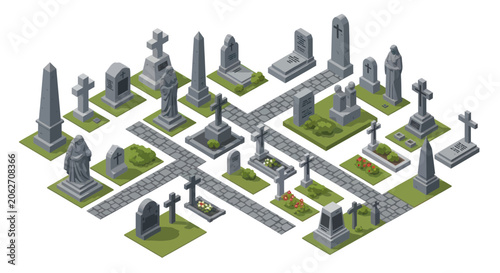 Fotografie Isometric cemetery graveyard with diverse tombstones and stone paths