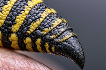 Extreme close-up macro shot of a black and yellow banded reptile's claw resting on human skin.