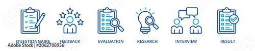 Survey outline color banner icon with questionnaire, feedback, evaluation, research, interview, result
