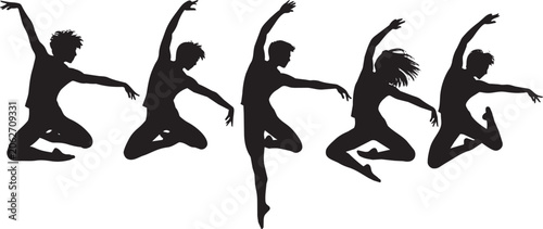 Принти на полотні Black silhouette group of people jumping with arms raised in unison