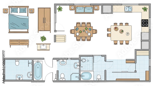 2D AutoCAD Vector floor plan of a modern house interior with furniture and layout