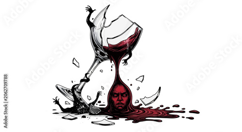 Dramatic Broken Wine Glass Spilling Red Liquid Forming an Expressive Face on Isolated White Background