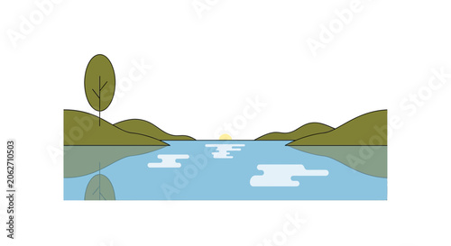 Simple flat illustration of a calm lake or river with a single tree on the bank under a sunny sky, depicting a peaceful natural landscape.
