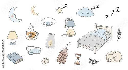 Collection of hand-drawn sleep-related doodle icons including a bed, moon, stars, and other items for rest and relaxation on an isolated white background.