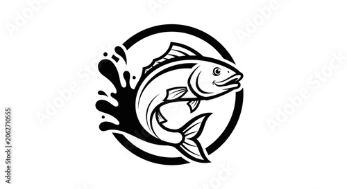 Dynamic stylized fish in a circular logo design with water splashes, depicting aquatic life on an isolated white background.