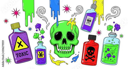 Vibrant cartoon toxic and Halloween themed icons featuring green skulls, warning bottles with poison and danger labels, and colorful splatters on an isolated white background.