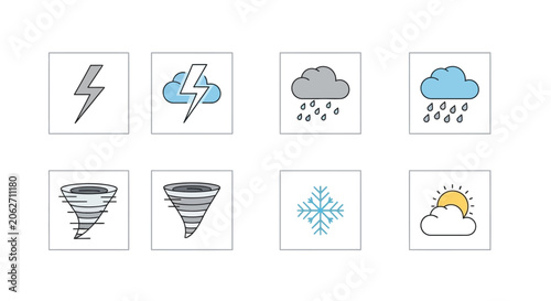 Simple outline weather icons set with color accents, depicting lightning, rain, wind, snow, and sun conditions on an isolated white background.