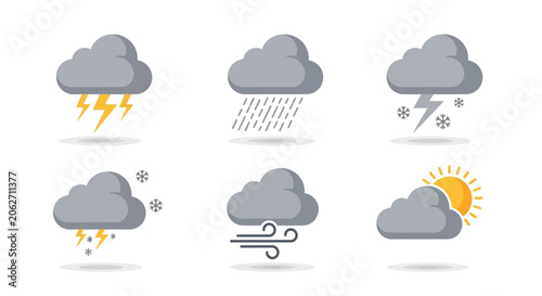 Weather forecast icons set depicting rain, snow, lightning, sun, and wind conditions on an isolated white background.