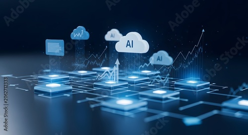 Artificial intelligence cloud computing concept, futuristic AI data processing network, digital business growth charts and glowing blue circuit technology