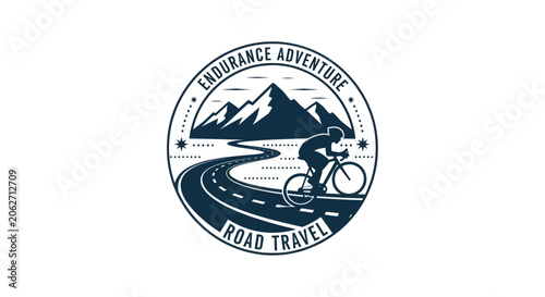 Foto Cycling endurance adventure badge with mountains and winding road