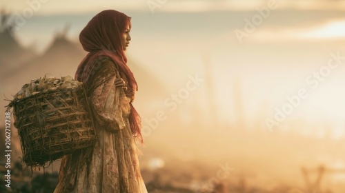 Rustic Fisherwoman Carrying a Shell Basket at Sunrise in a Serene Coastal Landscape
