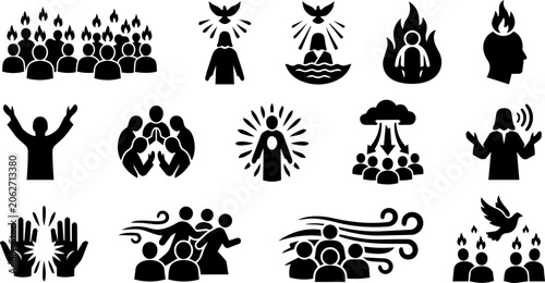 Cuadro en lienzo Pentecost and Holy Spirit Biblical Scene Silhouette Icon Set