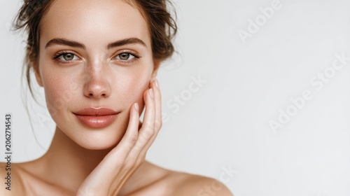 Close-up of a Young Woman with Clear Skin and Natural Makeup on Light Background