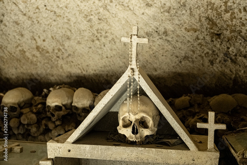 17th-19th CENTURIES OSSUARY IN NAPLES. Carved yellow tuff hill of the Materdei district it holds the reamins of an estimated 50,000 to 240,000 poorest people died from epidemic.