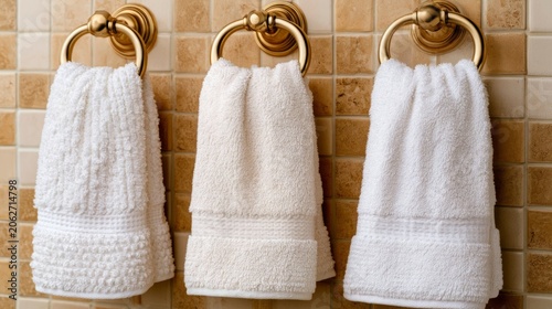 Cozy Modern Kitchen with White Hand Towels Hanging on Stylish Ring Holders Against a Warm Tile Background