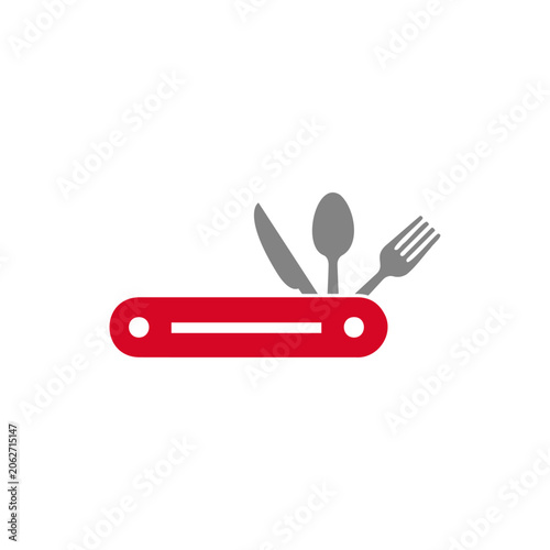 Quadro su tela Swiss army multifunction knife with kitchen tools logo restaurant multi tool vec