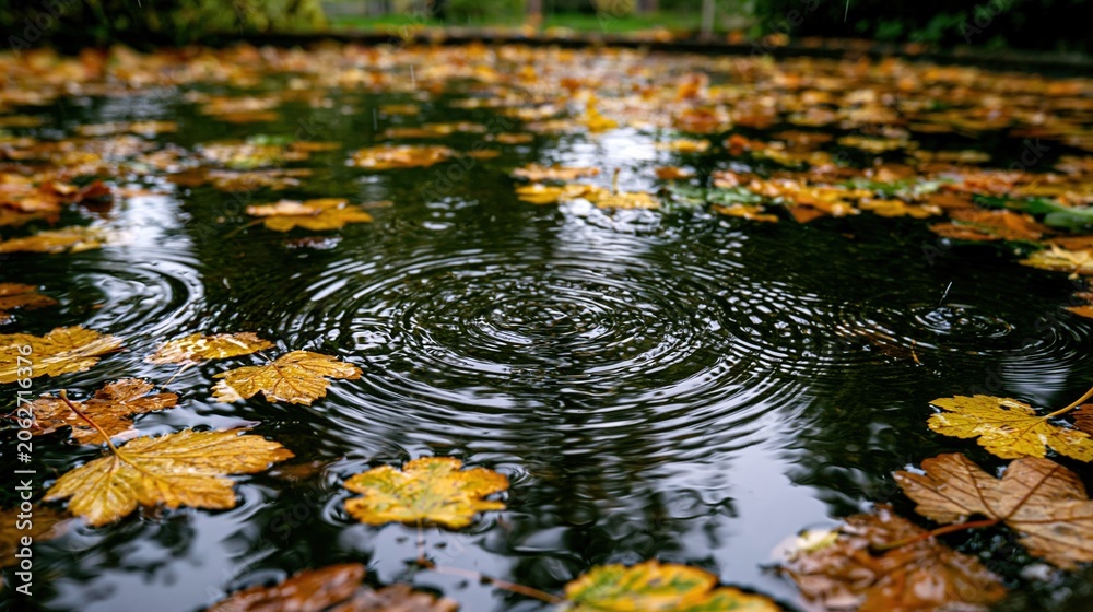 Fototapeta premium Autumn Raindrops Create Ripples on Dark Water Surface Surrounded by Fallen Yellow Leaves