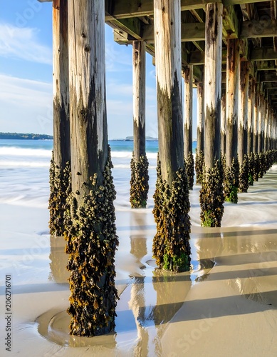Wooden pier pilings at low tide
