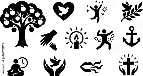 Konstfotografi Fruits of the Spirit and Holy Spirit Gifts Silhouette Icon Set