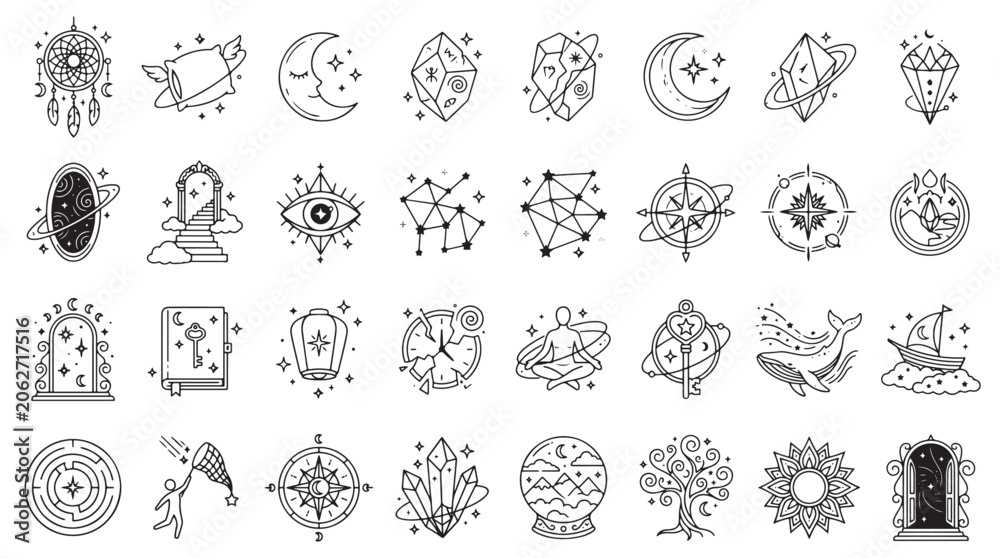 Fototapeta premium Dream Weaver Symbols Elements Icons Sets Pack, Editable Vectors Strokes Illustrations. containing mystical, celestial, icon, line, art, set, magic, esoteric, spiritual and mores Elements Icons. 