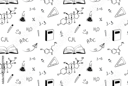 Back to School Seamless Doodle Pattern with Books and Educational Icons. Background for Stationery, Packaging, Classroom Decor and Teacher Resources