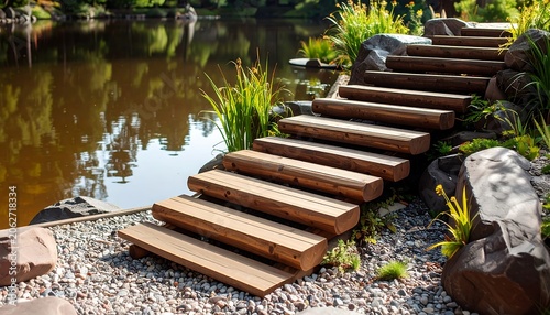 Wooden steps leading to a pond