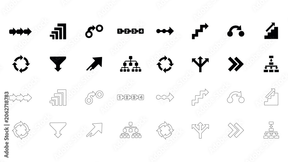 Fototapeta premium Process management and directional arrow icon set flat vector graphic symbols showing steps workflow diagrams navigation sequence growth indicators.