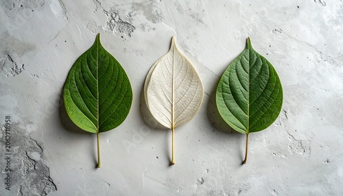 Plakat Three Leaves on Gray Marble Surface.
